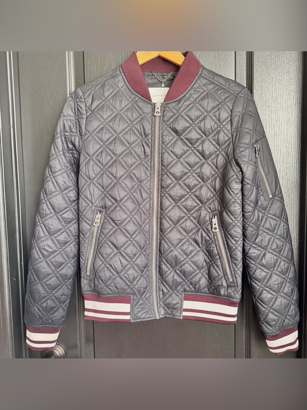 Lucky Brand Quilted Bomber Jacket Gray Burgundy Stripe Size S
